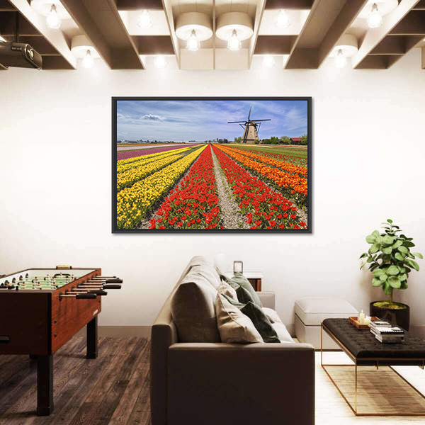 Colorful Dutch Tulip Fields with Windmill Canvas Wall Art
