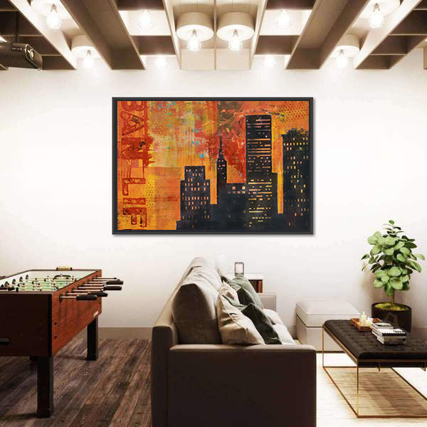 Abstract Urban Skyline with Stenciled Text Canvas Wall Art