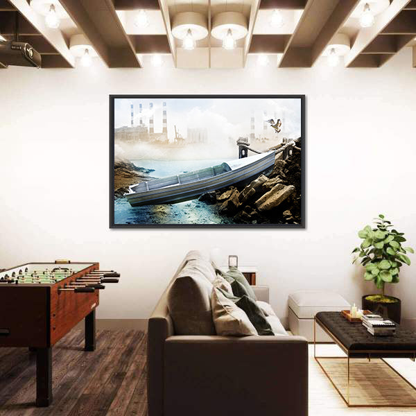 Weathered Boat at Industrial Shoreline Canvas Wall Art
