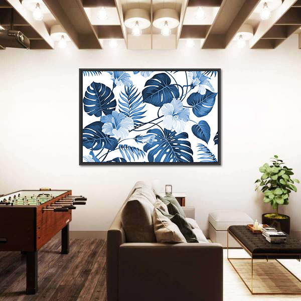 Navy Blue Tropical Leaves Pattern Canvas Wall Art
