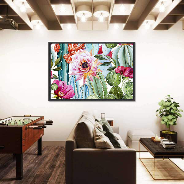 Watercolor Cactus Pattern with Pink Blooms Canvas Wall Art