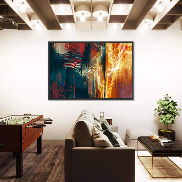 Abstract American Flag in Flames Canvas Wall Art