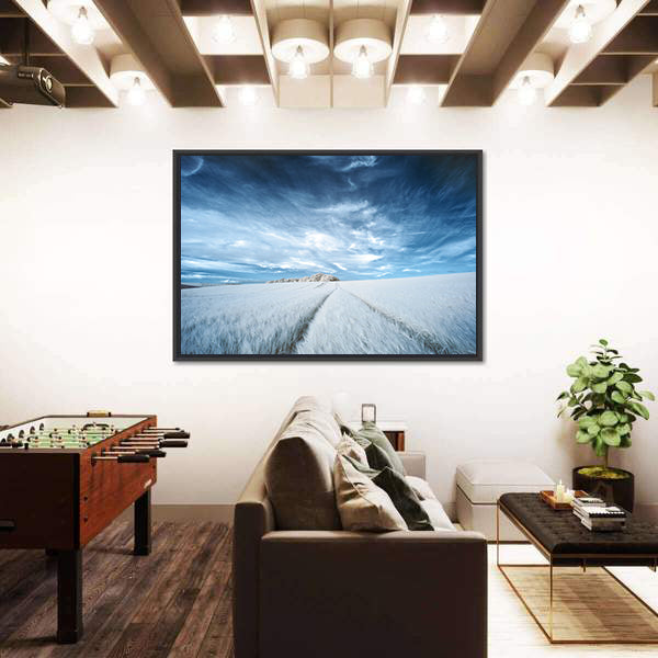 White Field with Parallel Tire Tracks Canvas Wall Art