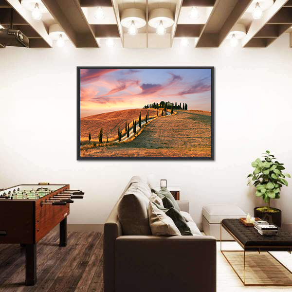 Hilltop Villa with Cypress Road at Sunset Canvas Wall Art