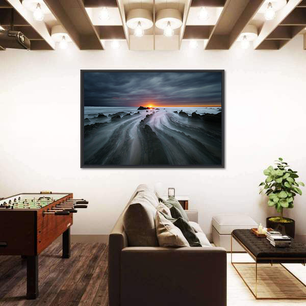 Flysch Rocks In Barrika Beach At The Sunset Canvas Wall Art