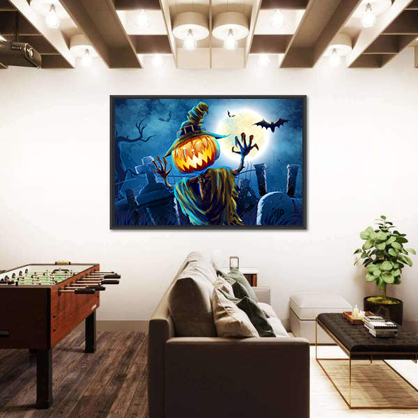 Pumpkin-headed Monster in Graveyard Canvas Wall Art