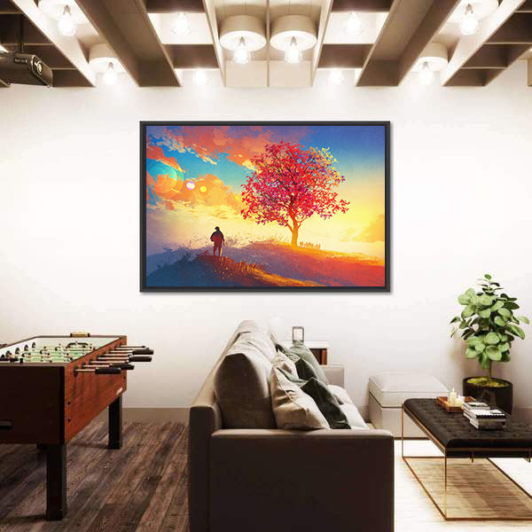 Man Standing Alone In Autumn Mountains Canvas Wall Art