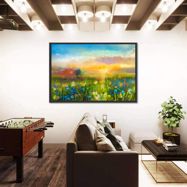 Sunset Over Wildflower Meadow Canvas Wall Art