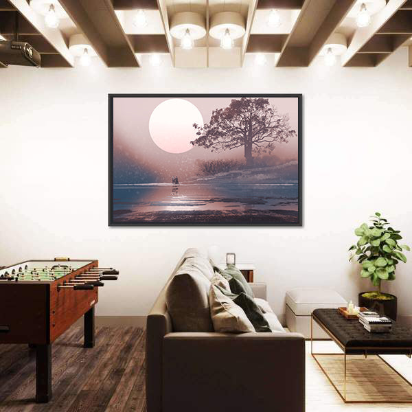 Love Couple Under Moon Canvas Wall Art