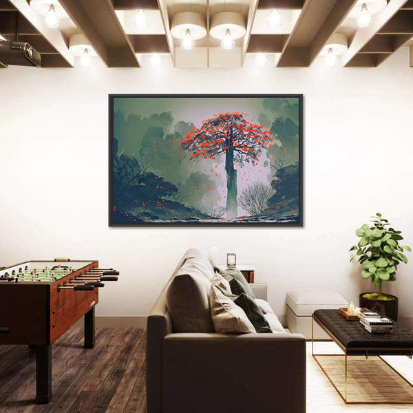 Misty Red Tree in Autumn Forest Canvas Wall Art
