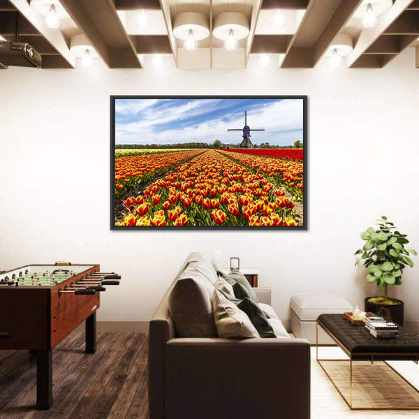 Colorful Tulip Field with Dutch Windmill Canvas Wall Art