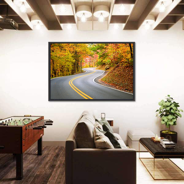Winding Road Through Fall Forest In Appalachian Mountains Canvas Wall Art