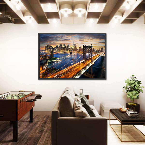 Manhattan Bridge and Skyline at Dusk Canvas Wall Art