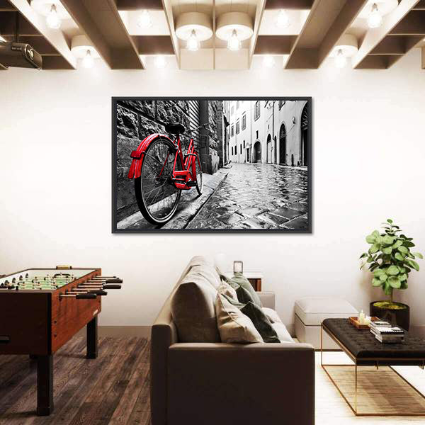 Red Bicycle on Cobblestone Street Canvas Wall Art