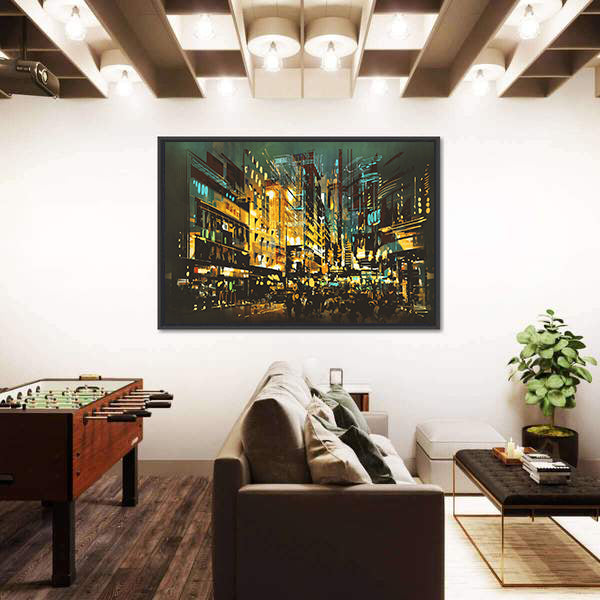 Abstract Night Cityscape with Golden Lights Canvas Wall Art