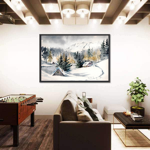 Snowy Mountain Village Canvas Wall Art