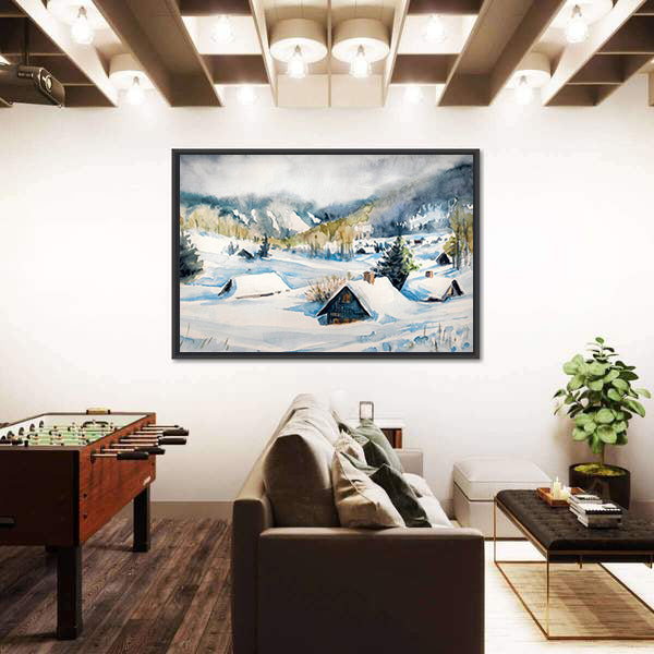 Snowy Mountain Village Canvas Wall Art