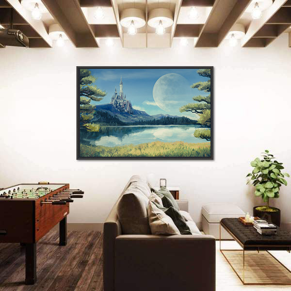 Gothic Castle by Moonlit Lake Canvas Wall Art