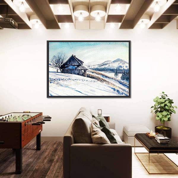 Small House In Winter Mountains Canvas Wall Art