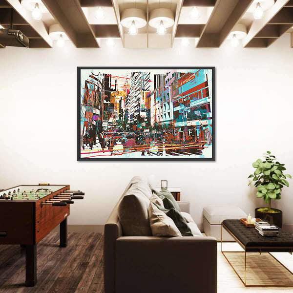 Energetic Abstract Cityscape in Cyan and Red Canvas Wall Art