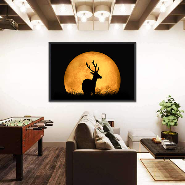 Deer Silhouette With Large Moon Canvas Wall Art