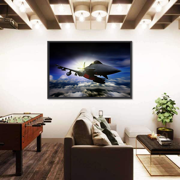Military Jet Flying During Sunrise Canvas Wall Art