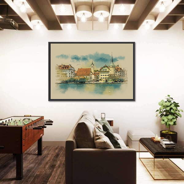 Sketch Of Lucerne Town In Switzerland Canvas Wall Art