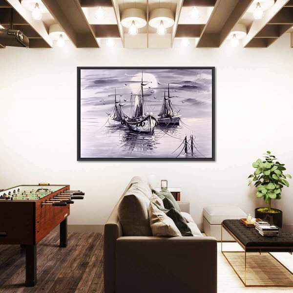 Moonlit Sailing Ships with Purple Reflections Canvas Wall Art