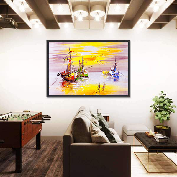 Boats With Sunset Canvas Wall Art