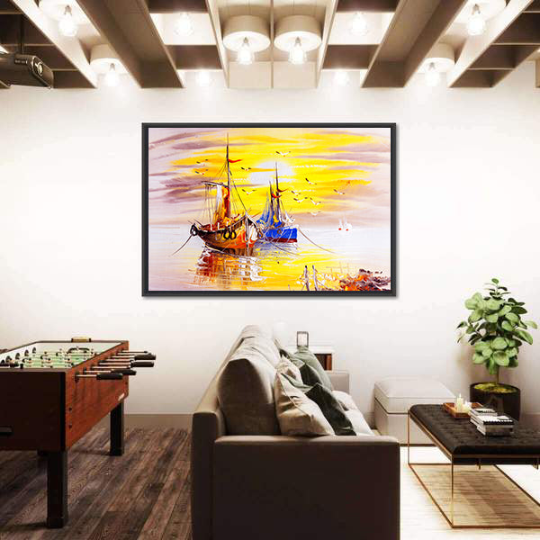 Boats With Sunset Canvas Wall Art