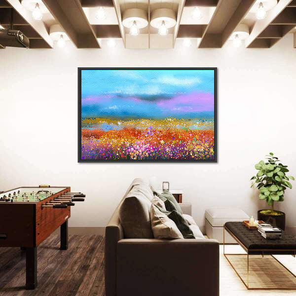 Watercolor Spring Meadow with Golden Horizon Canvas Wall Art