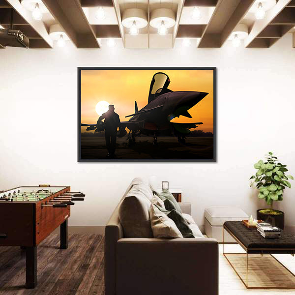 Military Pilot &amp; Aircraft At Airfield Canvas Wall Art