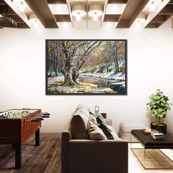 Winter River in Snowy Wood Canvas Wall Art