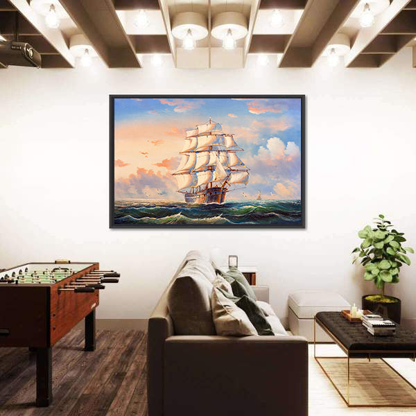 Sailing Boat In Storm Canvas Wall Art