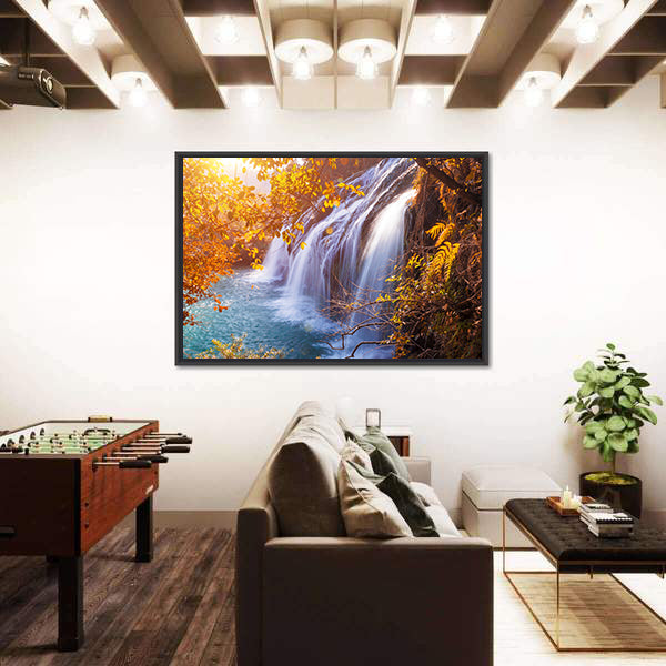 Autumn Waterfall with Sunlit Foliage Canvas Wall Art