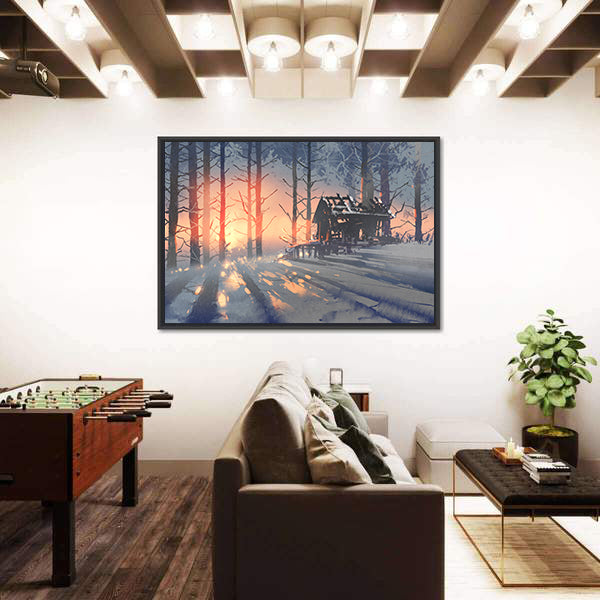 Abandoned House in Winter Forest Canvas Wall Art