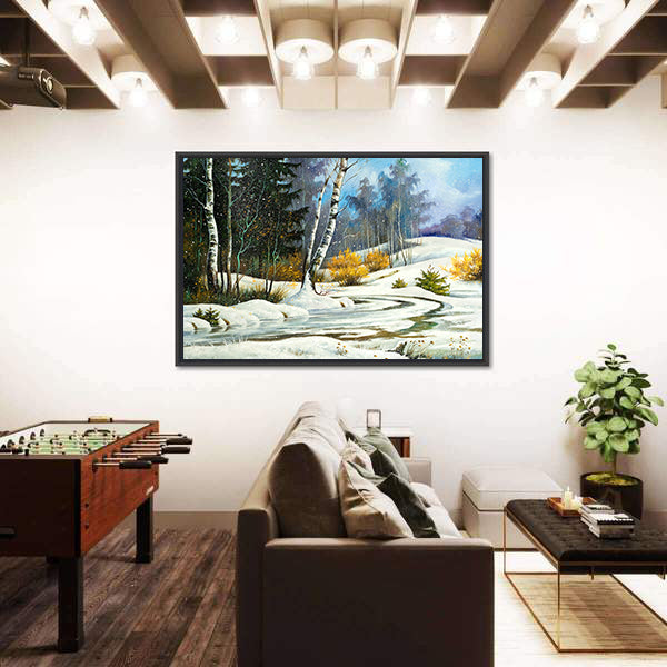Winter Birch Forest with Frozen Stream Canvas Wall Art
