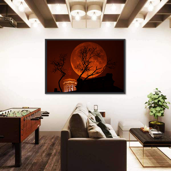 Blood Red Supermoon Over Illuminated Dome Canvas Wall Art