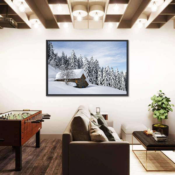 Alpine Hut Under Snow Canvas Wall Art