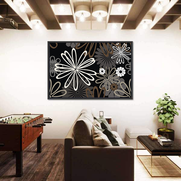 Retro Abstract Floral in Black and White Canvas Wall Art