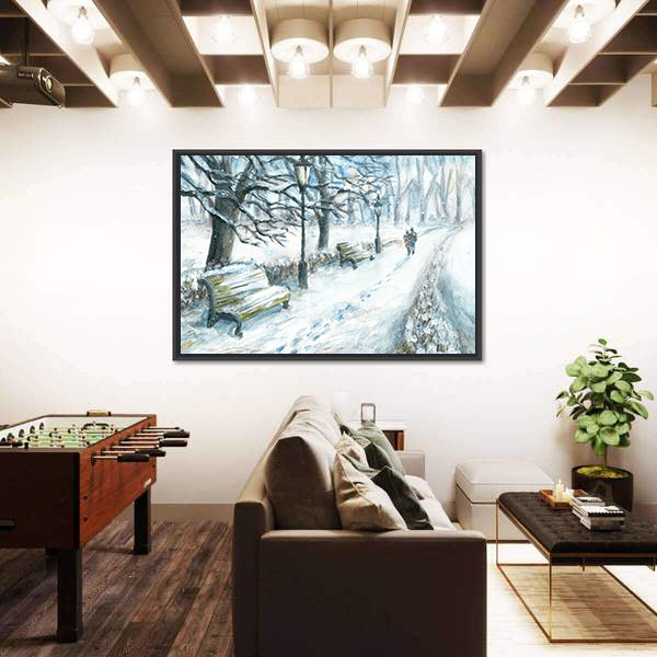 Winter Park With Walking Couple Canvas Wall Art
