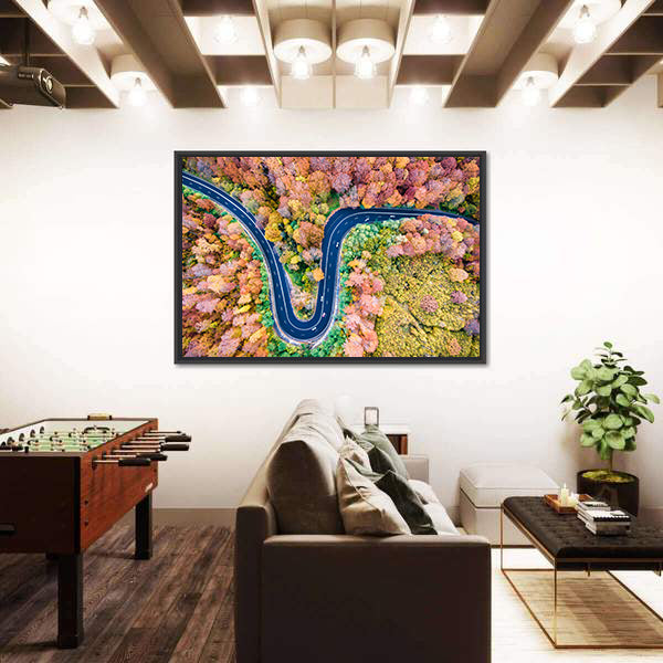 Curved Winding Road Through The Forest Canvas Wall Art