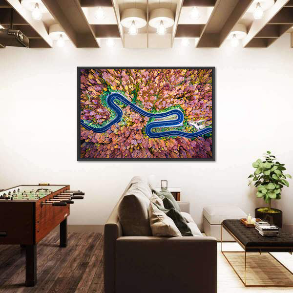 Curved Winding Road Through The Forest Canvas Wall Art