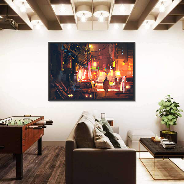 Rain-soaked Old Street in Futuristic City Canvas Wall Art