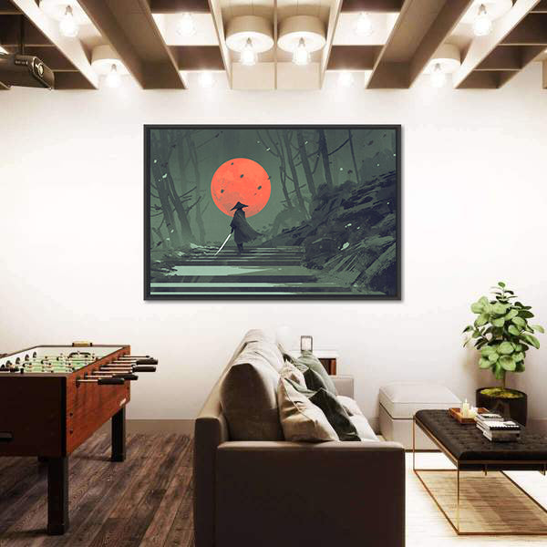 Samurai Standing On Stairway In Night Forest Under Red Moon Canvas Wall Art