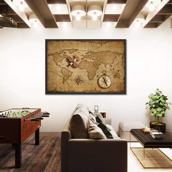 Small Wood Airplane Over World Nautical Map Canvas Wall Art