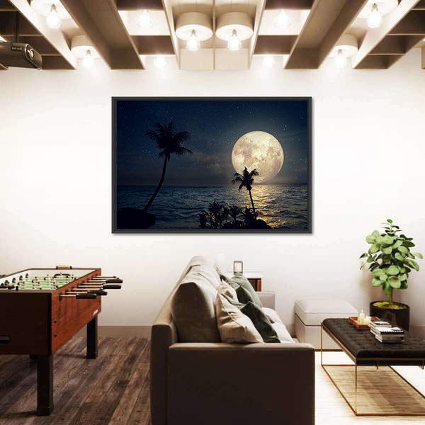 Tropical Beach Under Full Moon Canvas Wall Art