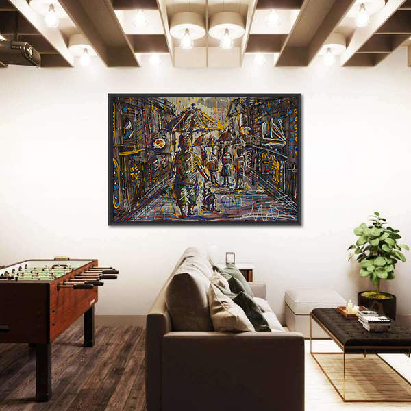 Rainy City Street with Umbrella Canvas Wall Art