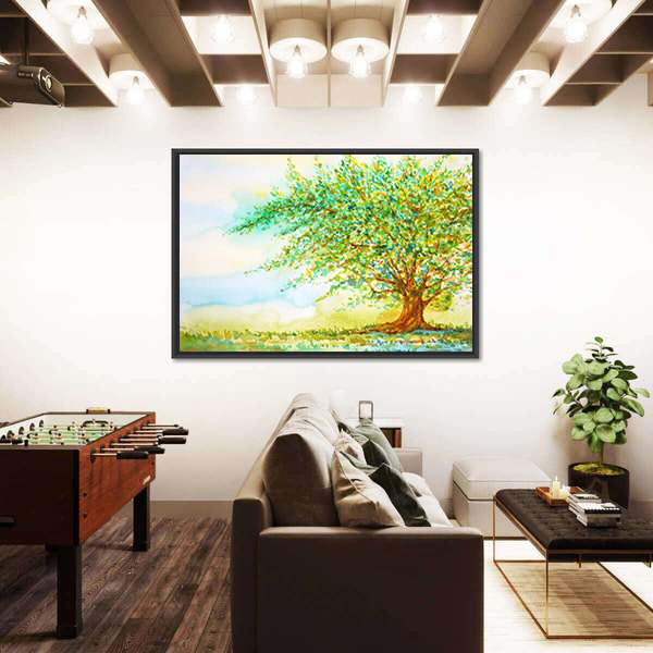 Big Tree In Grass Field Canvas Wall Art