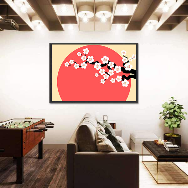 Minimalist Cherry Blossom with Red Sun Canvas Wall Art